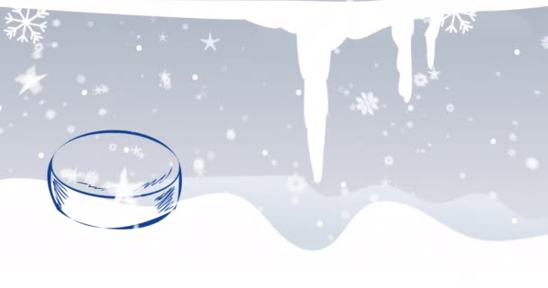 Анимация Текста Чемпионата Мира Синем Иллюстрации Хоккейной Шайбы Снегопада Концепция — стоковое видео