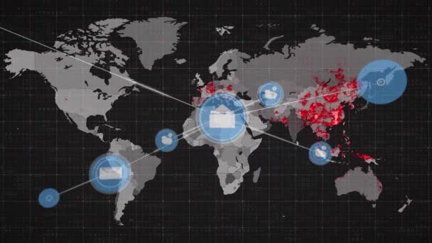 黒い背景に世界地図上の接続のネットワークのアニメーション 世界規模の接続 デジタルインターフェース ネットワークの概念デジタル生成ビデオ — ストック動画