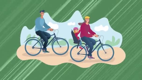 在绿色背景的线条上为快乐的家庭骑自行车的动画 国产车上班日和庆祝概念数码制作视频 — 图库视频影像