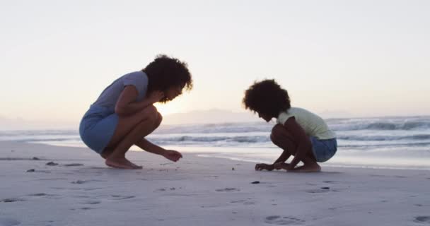 Animación Cáncer Sobre Madre Afroamericana Hijo Recogiendo Conchas Playa Atardecer — Vídeo de stock