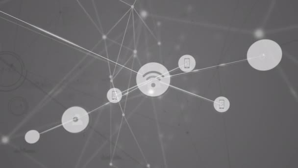 Animação Crescente Rede Mídia Ícones Wifi Transferindo Dados Fundo Cinza — Vídeo de Stock