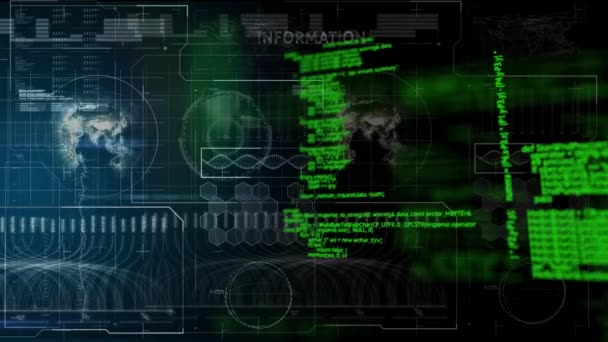 Animering Gränssnitt Med Skanner Världskarta Och Grön Databehandling Globala Data — Stockvideo