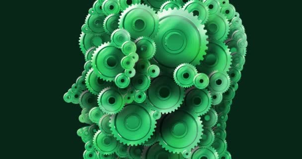 Animação Múltiplas Engrenagens Verdes Formando Cabeça Humana Sobre Fundo Verde — Vídeo de Stock