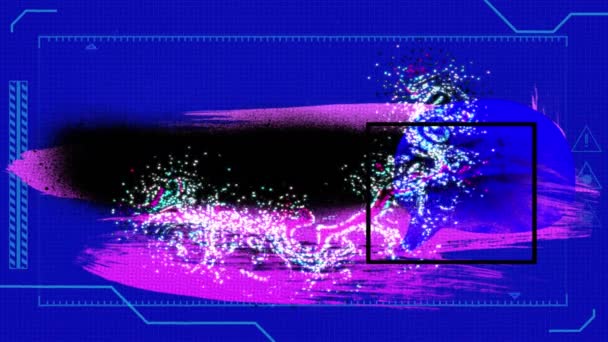青の背景にカラフルな形とデジタルインターフェースのアニメーション 世界的な技術とデジタルインターフェースの概念デジタル生成されたビデオ — ストック動画