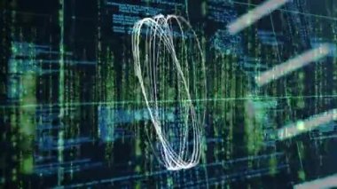 Dönen dairelerin animasyonu ve siyah uzayda veri işleme üzerinde 5g. Telekomünikasyon, veri işleme ve teknoloji konsepti dijital olarak oluşturulmuş video.