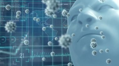 Virüs hücrelerinin animasyonu, dünya haritası ve insan yüzü modeli çeşitli verilerle ekranda. küresel covid 19 salgın ve ekonomi konsepti dijital olarak üretilen video.