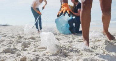 Çeşitli kadın ve erkek gönüllülerin sahildeki çöpleri toplaması üzerine kanser sembolü animasyonu. Çevre koruma gönüllüleri, plaj temizleme konsepti dijital olarak oluşturulmuş video.