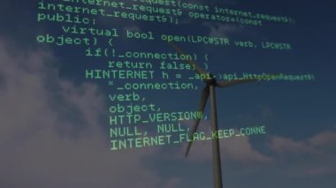 Rüzgâr türbini ve gökyüzü üzerinde bulutlarla işlenen veri animasyonu. küresel teknoloji ve veri işleme kavramı dijital olarak oluşturulmuş video.