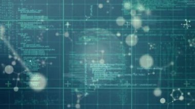Yeşil uzayda moleküllerin üzerinde veri işleme animasyonu. İnsan biyolojisi, bilim ve teknoloji konsepti dijital olarak üretilen video.