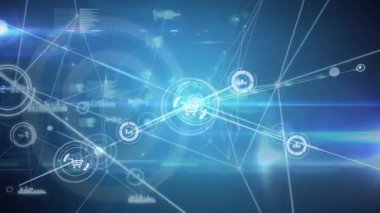 Parlak maviye veri aktaran bilgi ve alışveriş simgelerinin büyüyen ağının animasyonu. küresel iletişim ağı ve iş konsepti dijital olarak oluşturulmuş video.