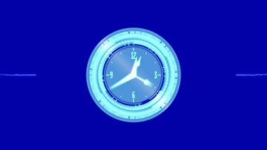 Mavi arka plandaki ışık yollarının üzerinde hareket eden saatin animasyonu. küresel teknoloji ve dijital arayüz kavramı dijital olarak oluşturulmuş video.
