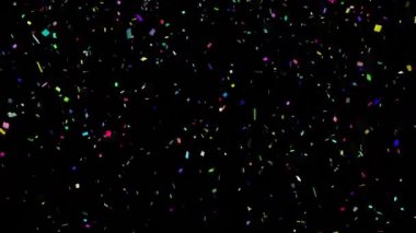 Kar animasyonu ve siyah arkaplandan düşen renkli konfeti. Noel, gelenek ve kutlama konsepti dijital olarak oluşturuldu.