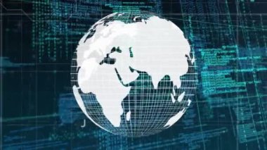 Mavi ve siyah uzayda veri işleme üzerinde dönen dünyanın animasyonu. küresel veri işleme ve teknoloji konsepti dijital olarak oluşturulmuş video.