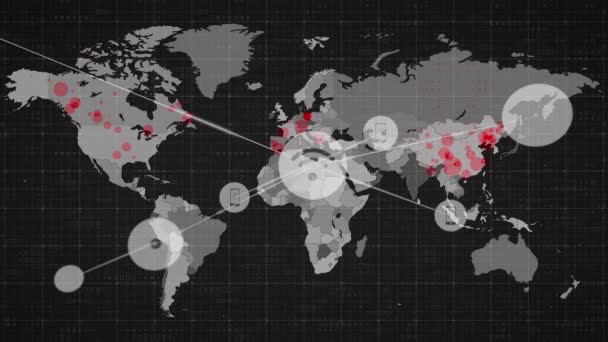 Animacja Sieci Połączeń Mapie Świata Czarnym Tle Globalne Połączenia Interfejs — Wideo stockowe