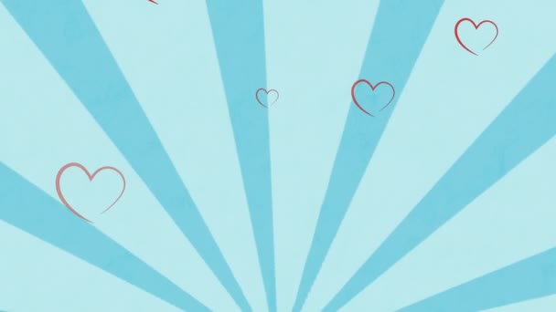 Animación Corazones Flotando Sobre Fondo Azul Rayas Giratorias Concepto Color — Vídeo de stock
