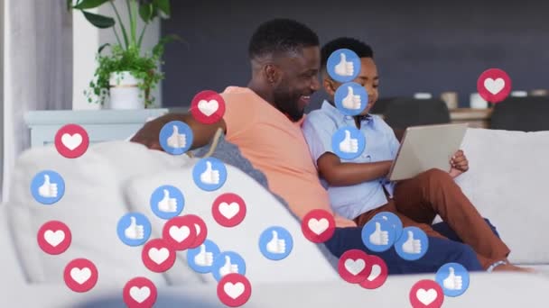 Animation Social Media Icons Happy African American Father Son Using — Stock Video