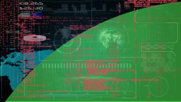 绿色球体在扫描仪 世界地图和粉红处理数据界面上的动画化 全球数据 通信和数字接口技术概念 — 图库视频影像