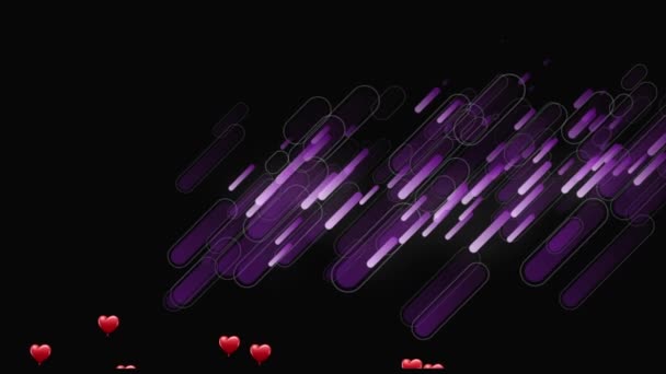 Animación Corazones Sobre Líneas Púrpuras Sobre Fondo Negro Tecnología Global — Vídeos de Stock