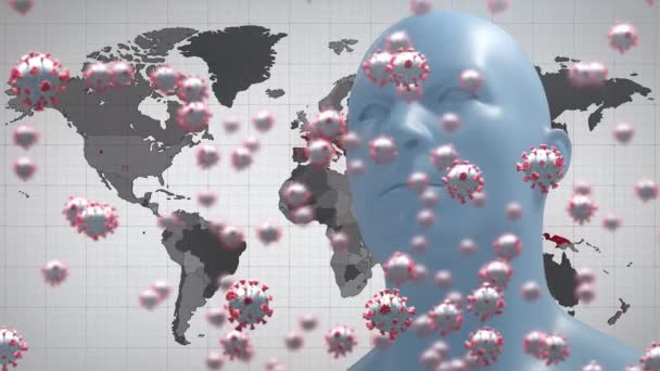 Animatie Van Viruscellen Menselijk Gezichtsmodel Wereldkaart Wordt Rood Global Covid — Stockvideo