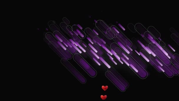Animación Corazones Sobre Líneas Púrpuras Sobre Fondo Negro Tecnología Global — Vídeos de Stock