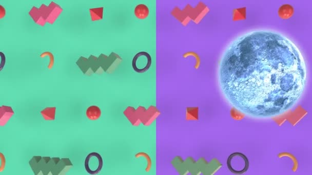Анимация Луны Зеленом Фиолетовом Фоне Различными Формами Пространство Цвет Движение — стоковое видео