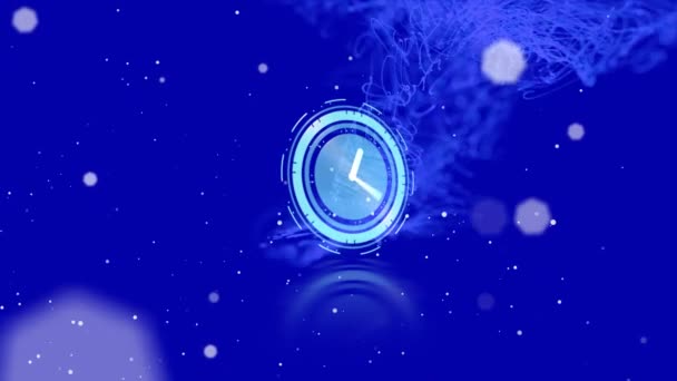 Animatie Van Bewegende Klok Lichte Vlekken Paden Blauwe Achtergrond Global — Stockvideo