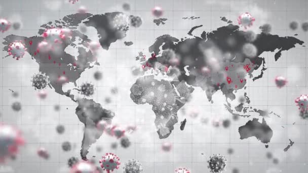 用红色的位置标记在世界地图上对漂浮的病毒细胞进行动画 全球联盟19大流行病概念数码视频 — 图库视频影像