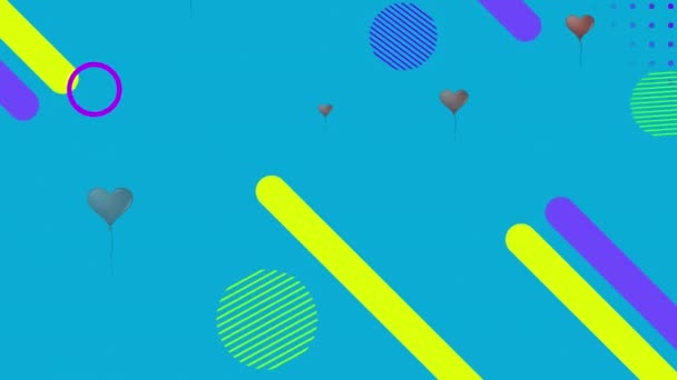 蓝色背景上有黄色 紫色和绿色形状的心形气球的动画 彩色和运动概念数字生成的视频 — 图库视频影像