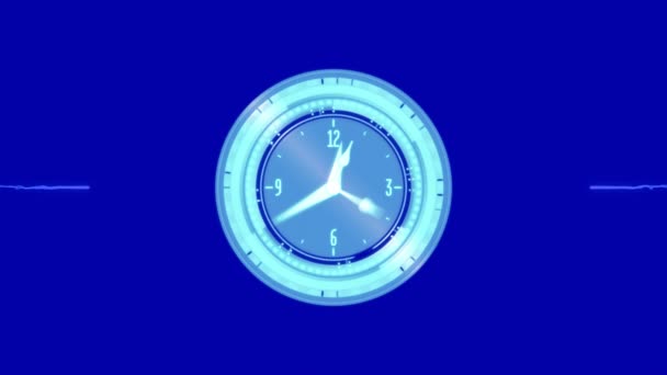 Animation Der Bewegten Uhr Über Leichte Spuren Auf Blauem Hintergrund — Stockvideo