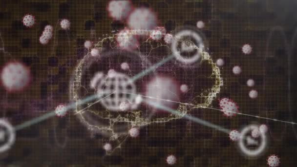 Анимация Сети Соединений Над Вирусными Клетками Цифровой Моделью Мозга Глобальные — стоковое видео