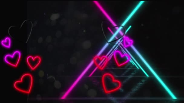 Анімація Сердець Над Неоновими Лініями Чорному Тлі Глобальні Технології Цифровий — стокове відео