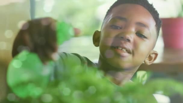 Animering Ljus Vatten Över Glad Afrikansk Amerikansk Pojke Vattning Krukväxter — Stockvideo