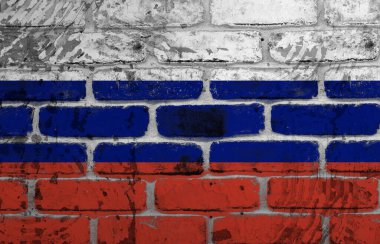 Tuğla duvarda Rus bayrağının tam kare görüntüsü. değiştirilmemiş, Rusya bayrağı, arka planlar, tuğla, bayrak, kimlik, politika ve ulusal bayrak. 