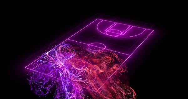 Bild Lila Neon Basket Domstol Och Rosa Partiklar Sport Och — Stockfoto