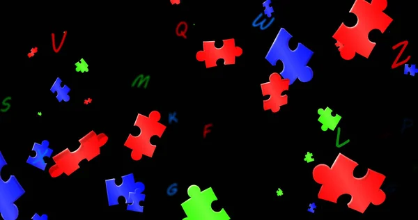 黒の背景に青 赤のパズルのイメージ パズルの日と脳活動の概念がデジタルで生成され — ストック写真