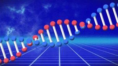 Mavi arka planda DNA ipliği üzerindeki parazitin canlandırması. küresel teknoloji ve dijital arayüz kavramı dijital olarak oluşturulmuş video.