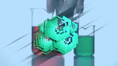 Elinde kimyasal reaksiyonlar tutan güvenlik eldivenlerinin üzerinde dönen altıgenlerin animasyonu. Bilim, kimyasal deneyler ve dijital olarak üretilen eğitim konsepti.