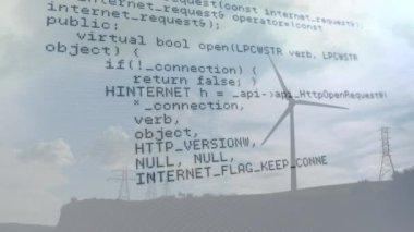 Rüzgâr türbini ve gökyüzü üzerinde bulutlarla işlenen veri animasyonu. küresel teknoloji ve veri işleme kavramı dijital olarak oluşturulmuş video.