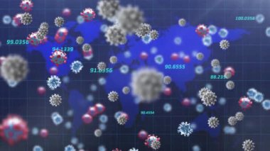 Mavi dünya haritasında yüzen virüs hücrelerinin ve numaraların animasyonu. küresel covid 19 salgın konsepti dijital olarak oluşturulmuş video.