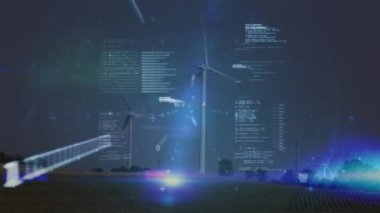 Rüzgar türbinleri ve gökyüzü üzerinde veri işleme animasyonu. küresel teknoloji ve veri işleme kavramı dijital olarak oluşturulmuş video.