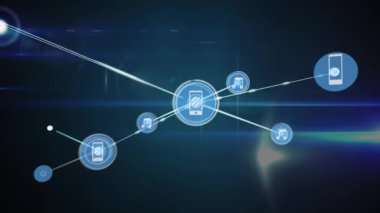 Büyüyen müzik ağı ve medya simgelerinin kara arkaplanda veri transferi animasyonu. küresel iletişim ağı ve bilgi paylaşım konsepti dijital olarak oluşturulmuş video.