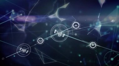 Parlayan dünyaya veri aktaran bilgi ve alışveriş simgelerinin animasyonu. küresel iletişim ağı ve iş konsepti dijital olarak oluşturulmuş video.