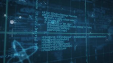 Mavi uzayda kimyasal formüller ve moleküller üzerinde veri işleme animasyonu. İnsan biyolojisi, bilim ve teknoloji konsepti dijital olarak üretilen video.