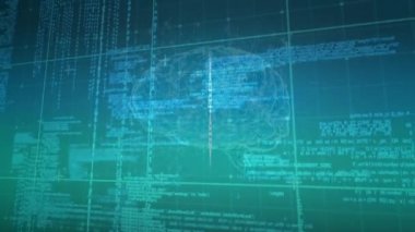 Yeşil arka plandaki veri işleme üzerinde DNA ipliği ve dijital beynin animasyonu. küresel bilim, dijital arayüz ve veri işleme kavramı dijital olarak oluşturulmuş video.