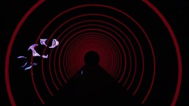 Siyah arkaplandaki neon tüneli üzerinden seviye yükseltilmiş metin canlandırması. Sosyal medya ve iletişim konsepti dijital olarak oluşturulmuş video.