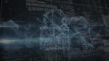 Veri işleme ve asma kilit simgesinin bulutlarla birlikte gökyüzü üzerinde canlandırılması. küresel iş, bağlantılar ve veri işleme kavramı dijital olarak oluşturulmuş video.