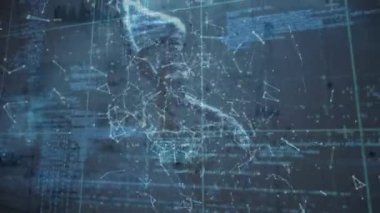 Mavi uzayda kimyasal formüller ve DNA zincirleri üzerinde veri işleme animasyonu. İnsan biyolojisi, bilim ve teknoloji konsepti dijital olarak üretilen video.