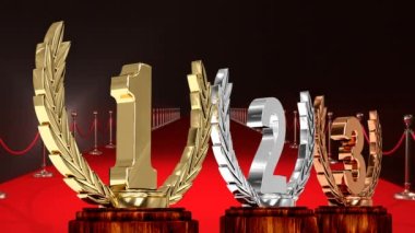 Kazananların ödül töreninde birincilik, ikincilik ve üçüncülük ödüllerinin animasyonu. rekabet, başarı ve olay konsepti dijital olarak oluşturulmuş video.