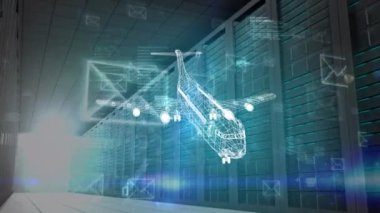 Siyah ve mavi uzayda e-posta ve veri işleme üzerinden dönen uçak projesinin animasyonu. Desen, veri işleme ve teknoloji konsepti dijital olarak oluşturulmuş video.