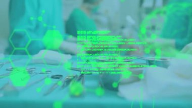 Ameliyathanede hastaları ameliyat eden cerrahların beyin taraması ve tıbbi veri işlemlerinin animasyonu. Tıbbi araştırma teknolojisi ve sağlık hizmetleri konsepti dijital olarak oluşturulmuş video.